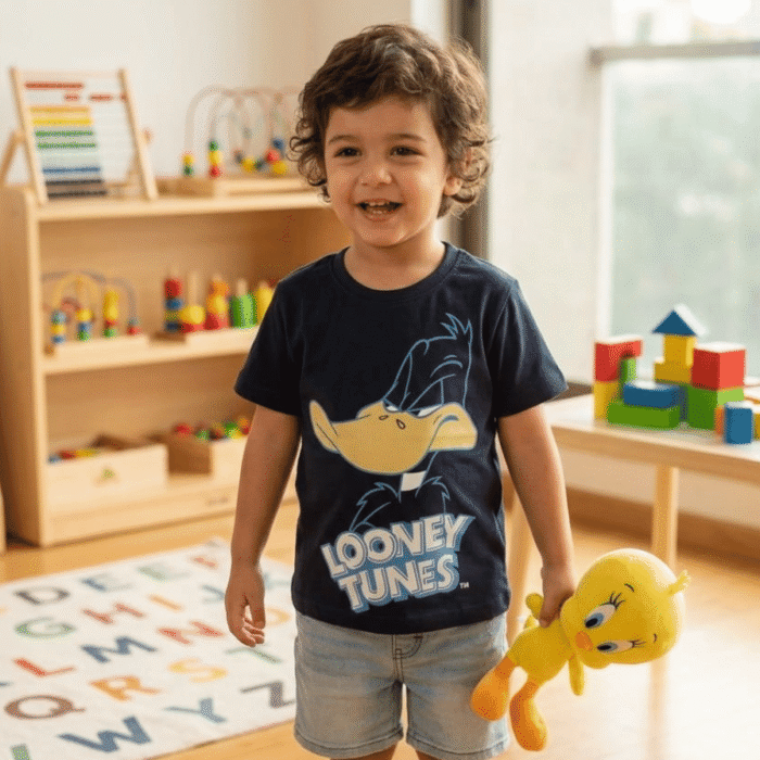 Navy t-shirt features a large graphic of Daffy Duck's face with the Looney Tunes