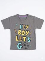 Boys' t-shirt features a vibrant "HEY BOY LET'S GO" graphic print