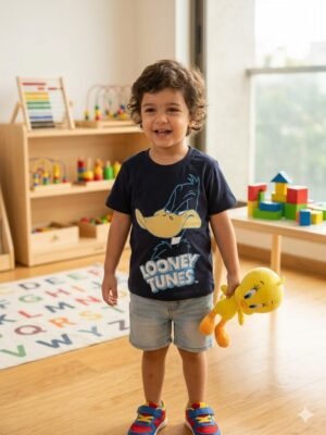 Navy t-shirt features a large graphic of Daffy Duck's face with the Looney Tunes