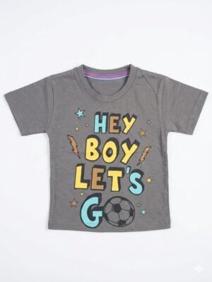 Boys' t-shirt features a vibrant "HEY BOY LET'S GO" graphic print
